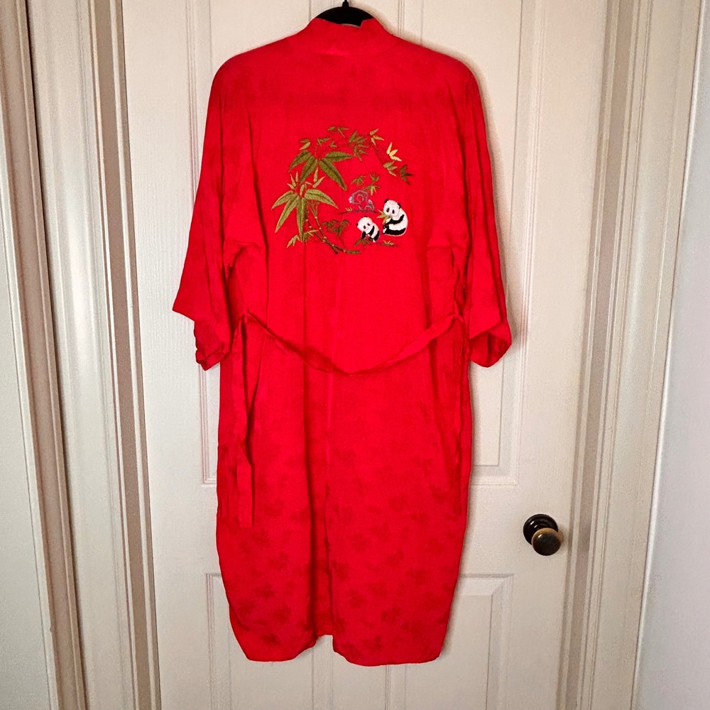 VTG Silver Lake Red Raspberry Embroidered Panda Bamboo Kimono Robe One Size